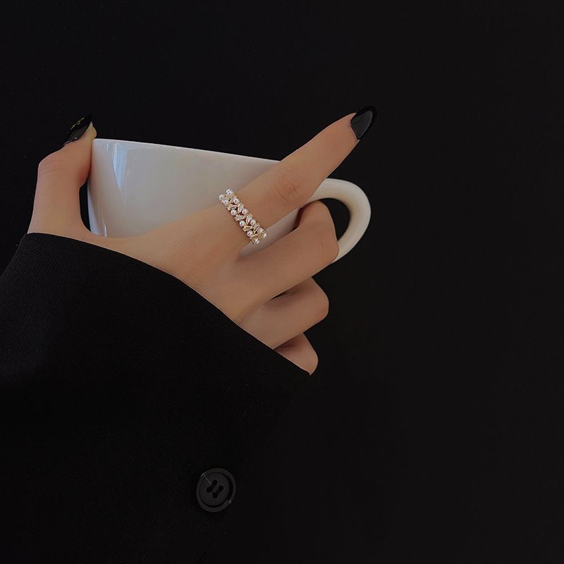 Dubbele rij gouden parel verstelbare ring