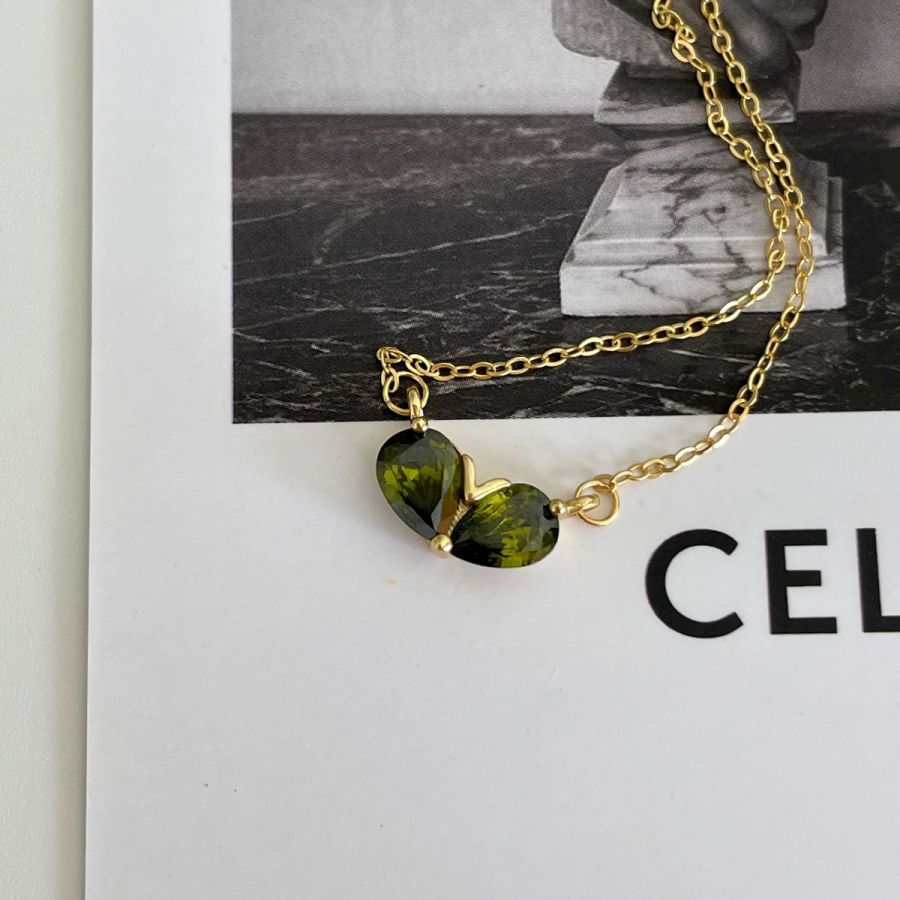 Gouden Halsketting Met Dubbele Oog Groene Hanger