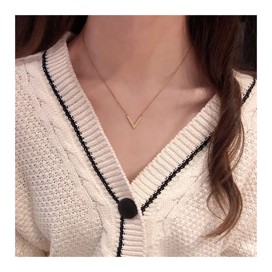 Rose Golden Necklace With Stylish V letter Pendant