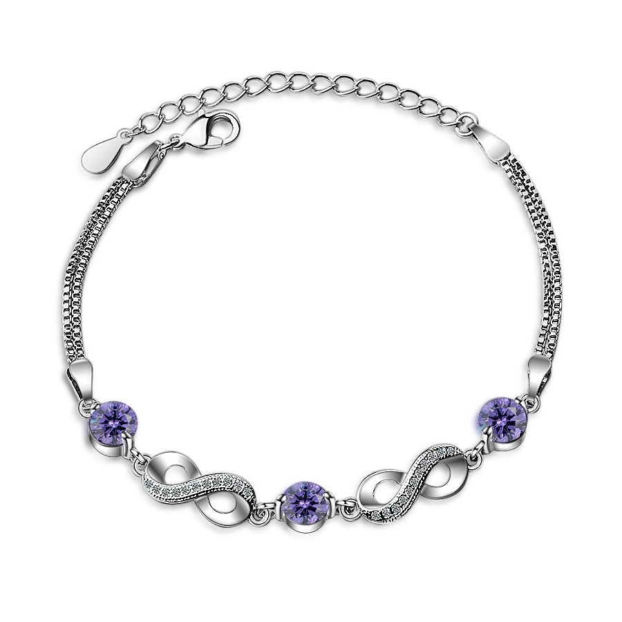 Stylish Silver Bracelet With Purple Zircons & Loop Pattern