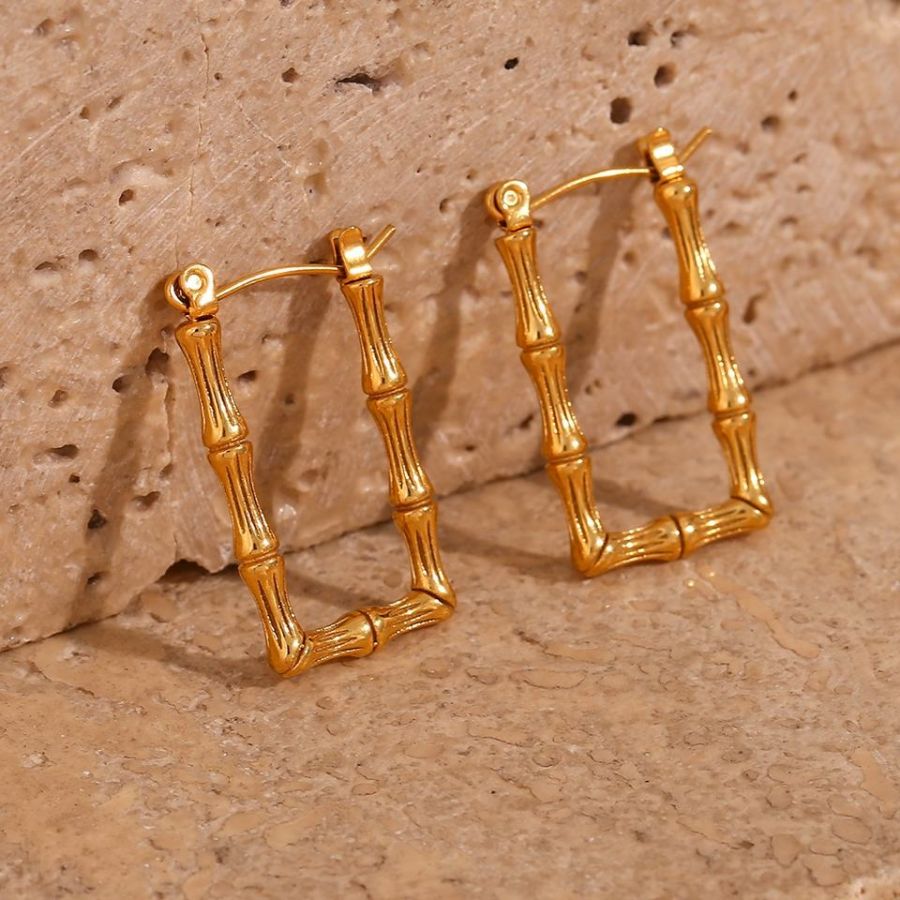 Golden Square Bamboo Shape Hoop Earrings