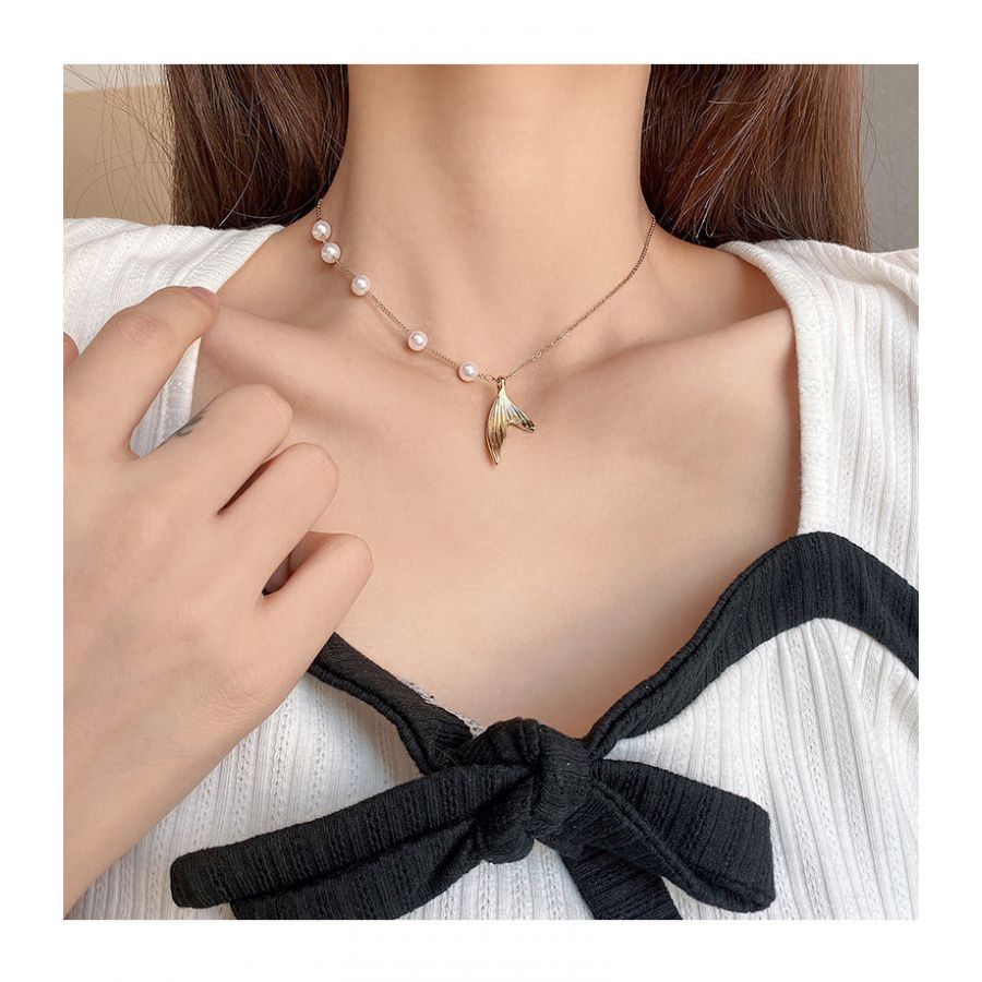 Golden Pearl Necklace With Fish Tail Pendant