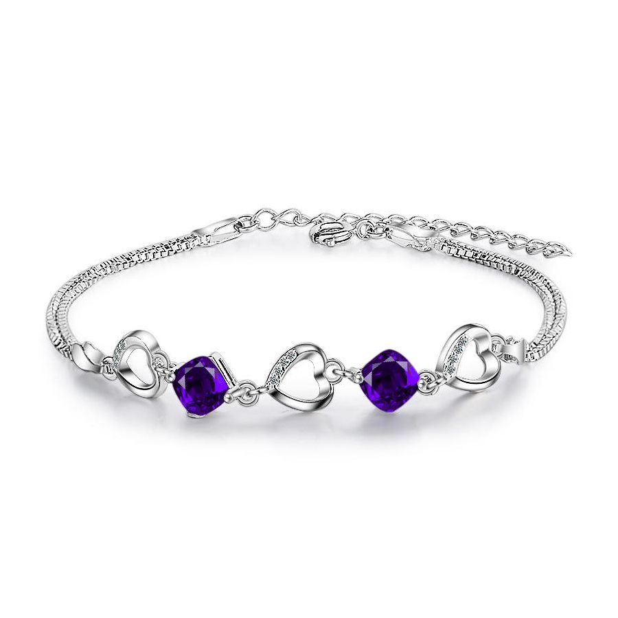 Stylish Silver Bracelet With Purple Zircons & Heart Pattern