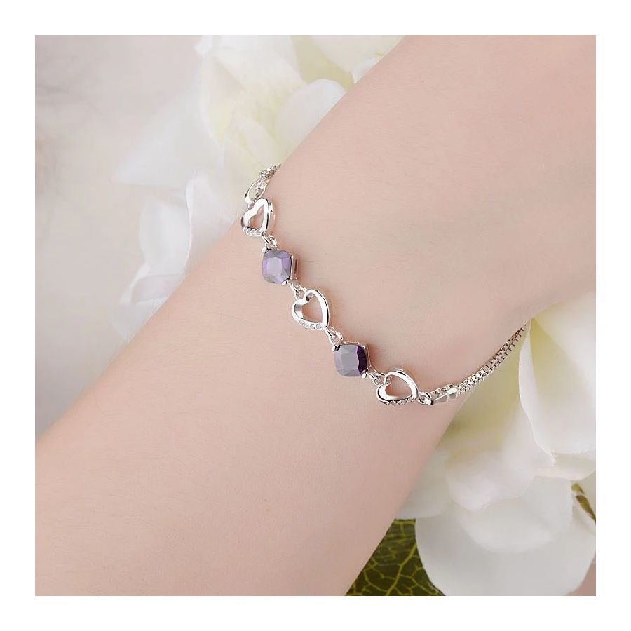 Stylish Silver Bracelet With Purple Zircons & Heart Pattern