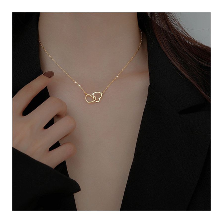 Golden Necklace With Stylish Double Heart Pendant