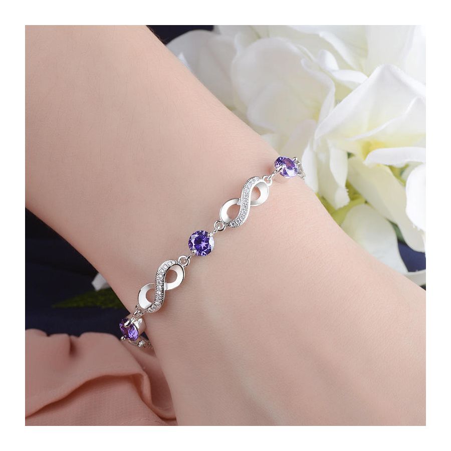Stylish Silver Bracelet With Purple Zircons & Loop Pattern