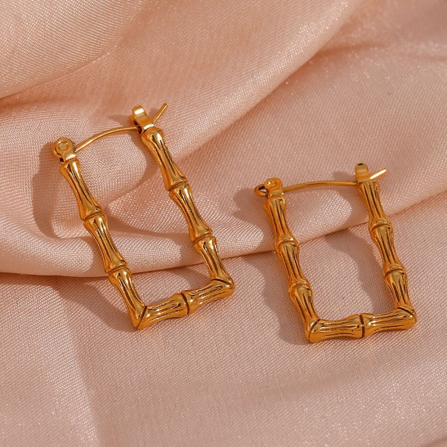 Golden Square Bamboo Shape Hoop Earrings