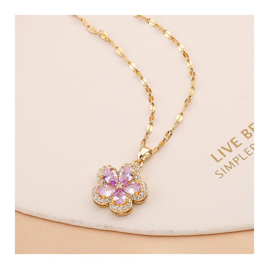 Golden Necklace With Beautiful Zircon Flower Pendant