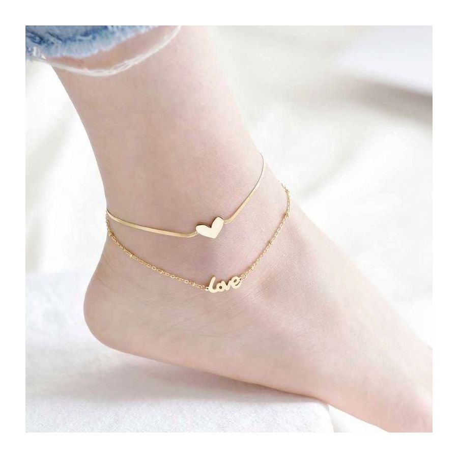 Dubbel geketende gouden LOVE charm Anklet
