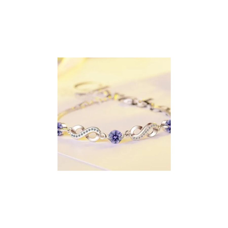 Stylish Silver Bracelet With Purple Zircons & Loop Pattern