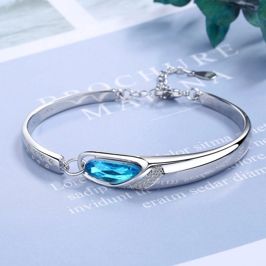 Silver Band Bracelet With Blue Zircon