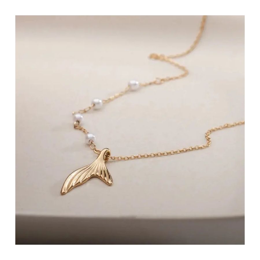 Golden Pearl Necklace With Fish Tail Pendant