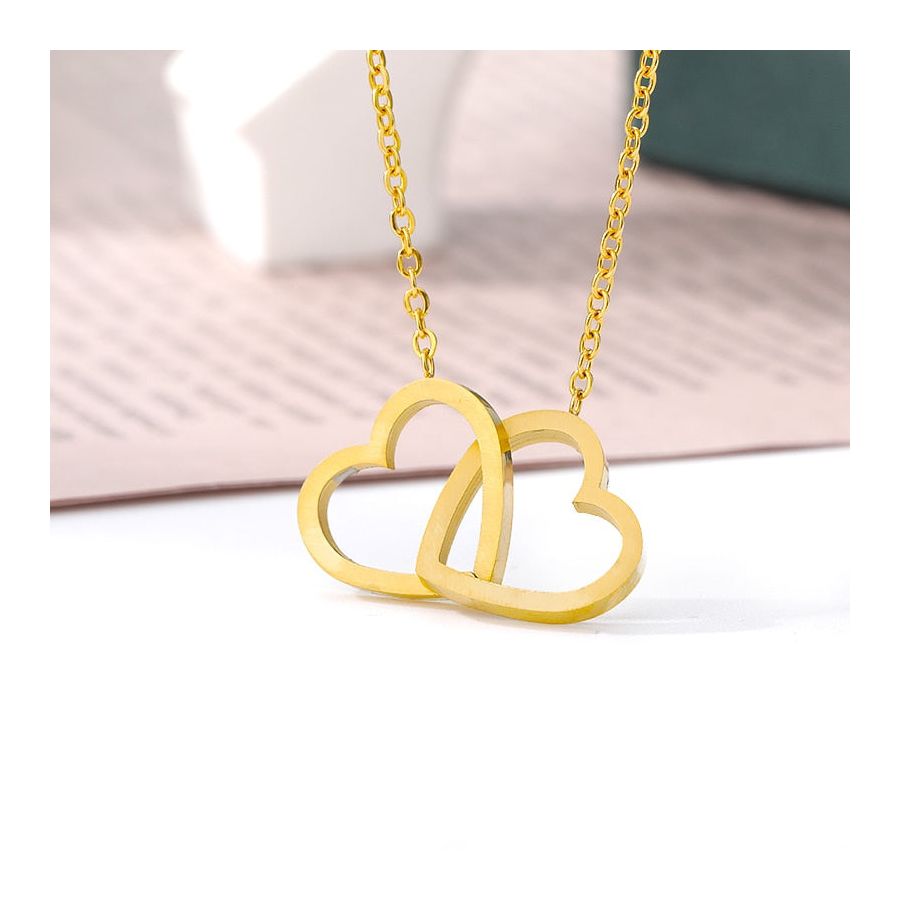 Golden Necklace With Stylish Double Heart Pendant