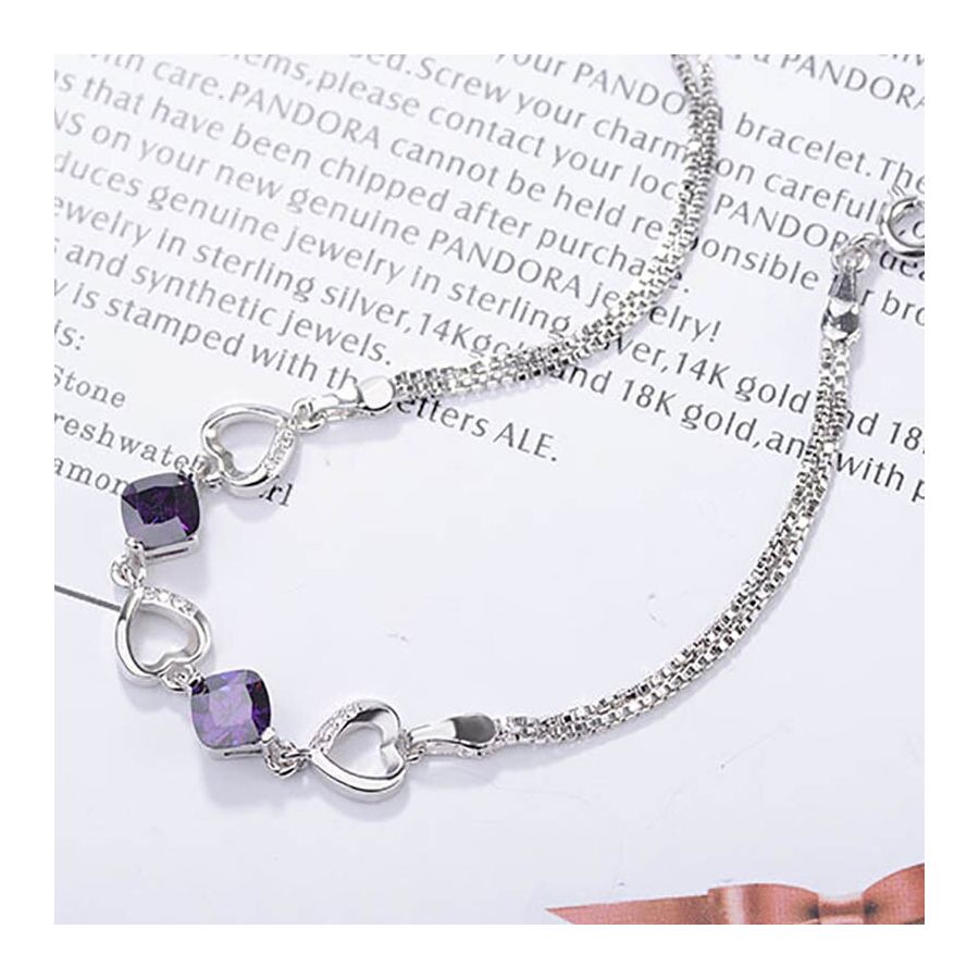 Stylish Silver Bracelet With Purple Zircons & Heart Pattern