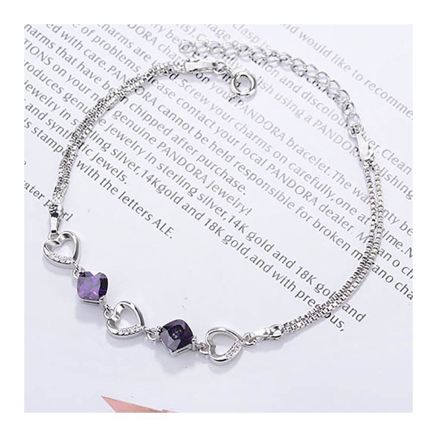 Stylish Silver Bracelet With Purple Zircons & Heart Pattern
