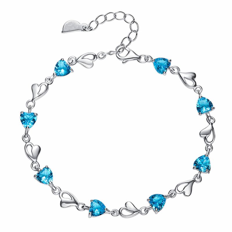 Silver Bracelet With Blue Zircons & Hearts