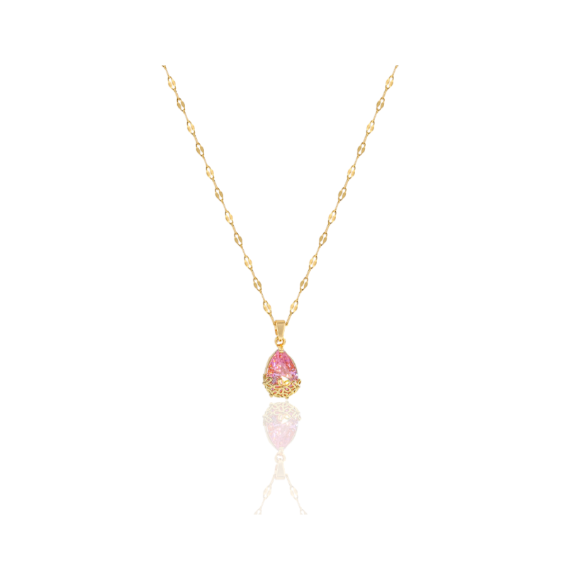 Luxurious Golden Necklace With Pink Zircon Pendant